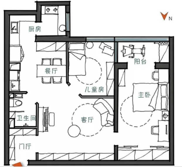 客厅跟餐厅重新规划,一分为三,分成客厅,儿童房还有餐厅,卫生间的墙