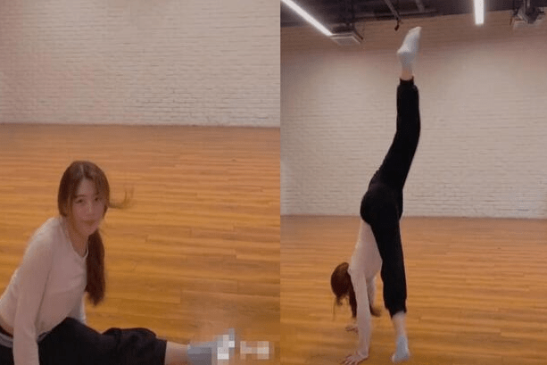 此外,张含韵在视频中游刃有余地下着一字马,做着翻跟斗的高难度动作一