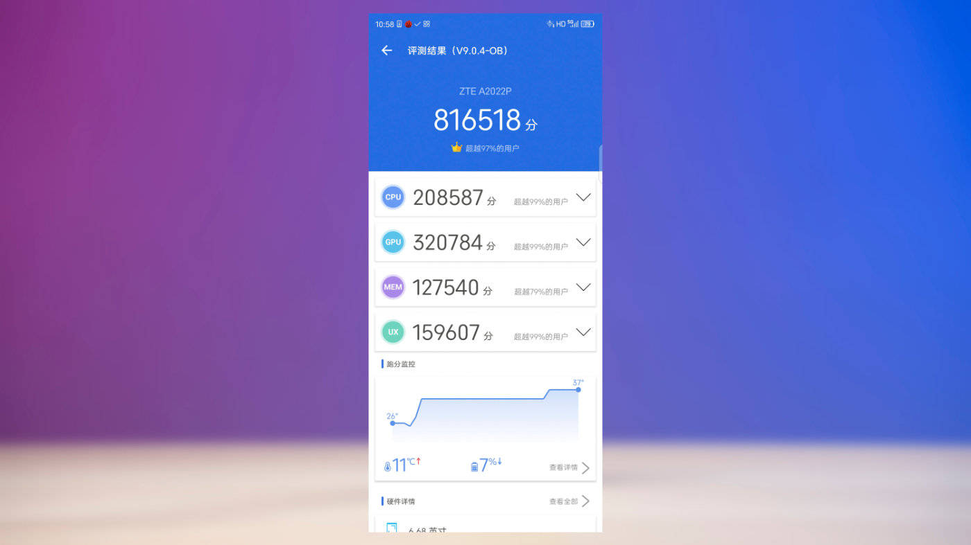 手里这台8gb运存版本的中兴axon30 ultra能够实现接近82w的跑分,这在