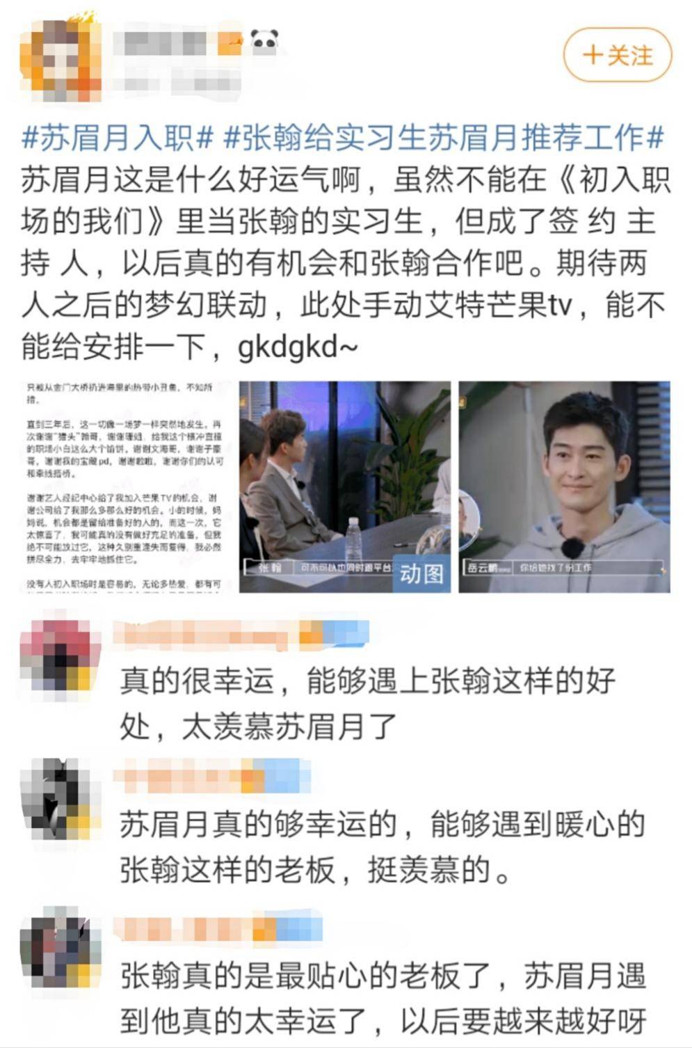 面试落选却获张翰推荐入职芒果tv,这个女生运气也太好了!_苏眉月