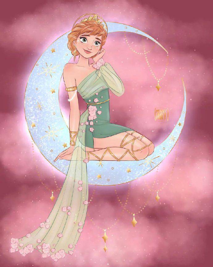 坐在月亮上的迪士尼公主,艾莎女王闪闪发光,茉莉公主已黑化