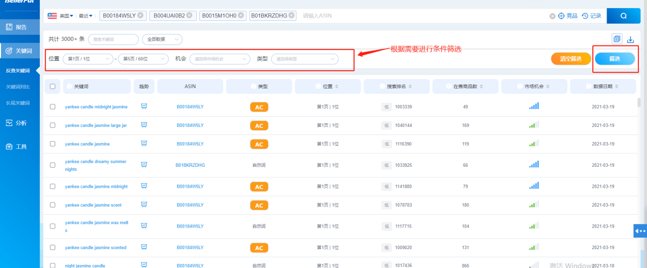 或者针对关键词位置、流量获取、类型做筛选；还可以对关键词做复制、导出等工作。