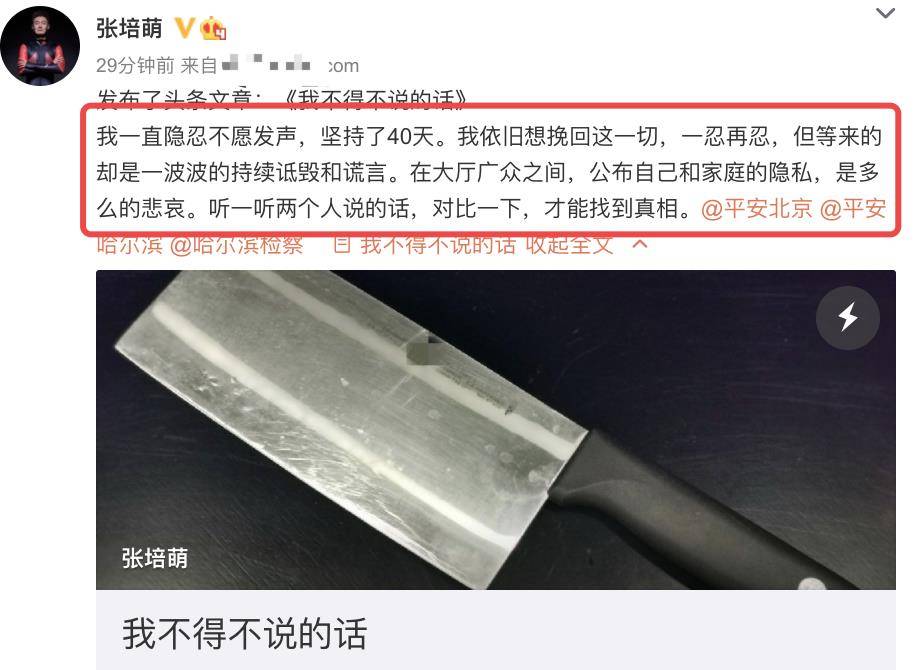 原創張培萌曬照控訴妻子多次拿刀追我孕期用流產威脅對女兒更狠