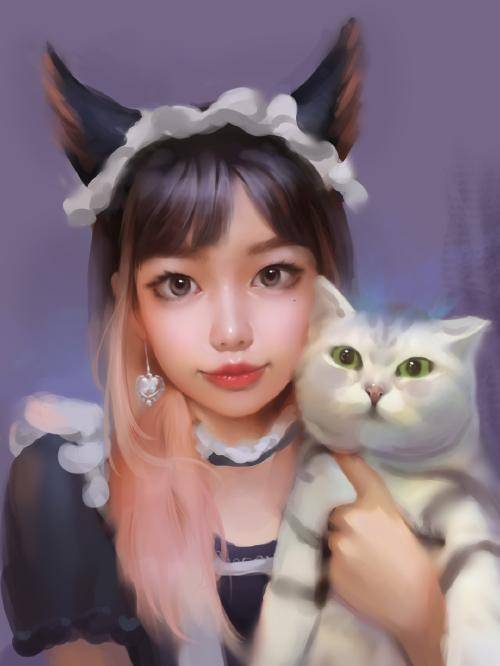 人像插画抱着猫咪的猫耳女仆