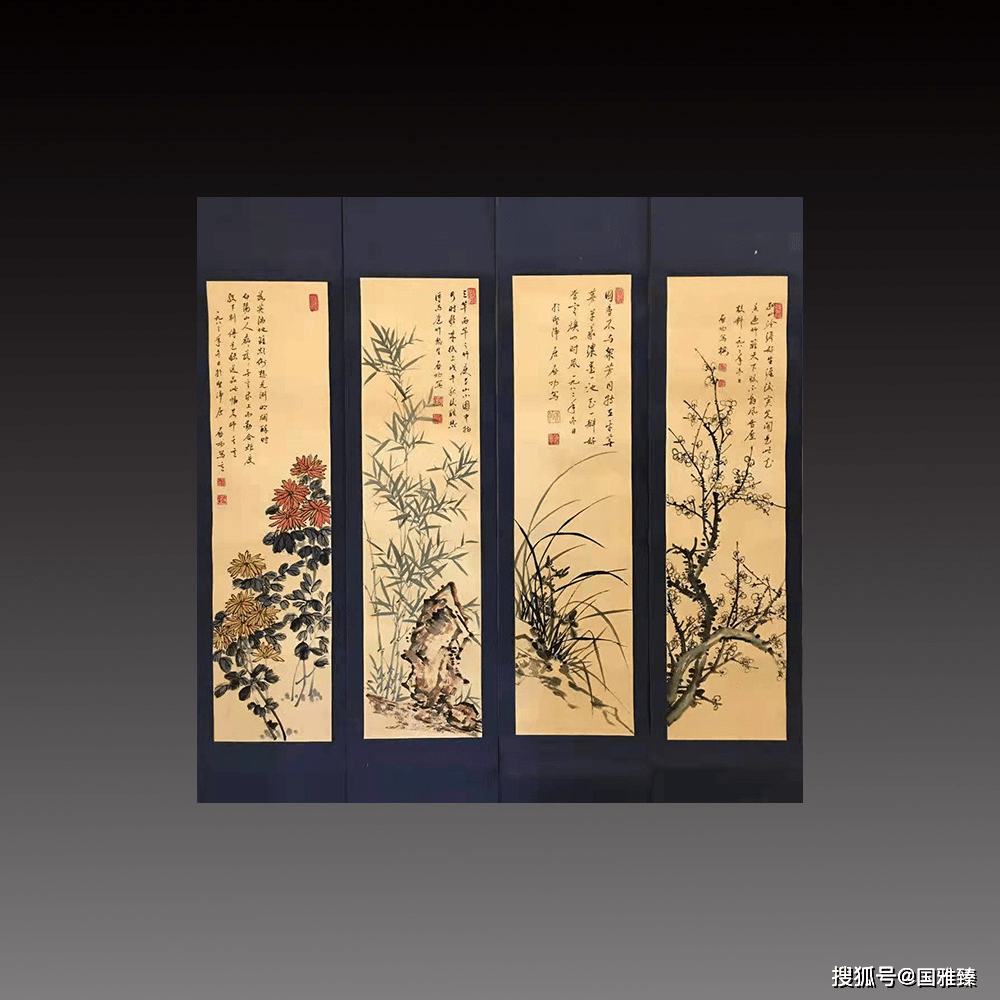 真作/紫姻/四君子/蘭/竹/菊/梅/布袋屋掛軸HJ-670 梅兰竹菊四条屏介绍_the
