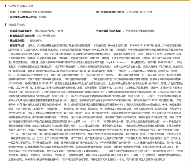 广州肽能基因生物有限公司因发布违反广告被处罚10万元(图1)