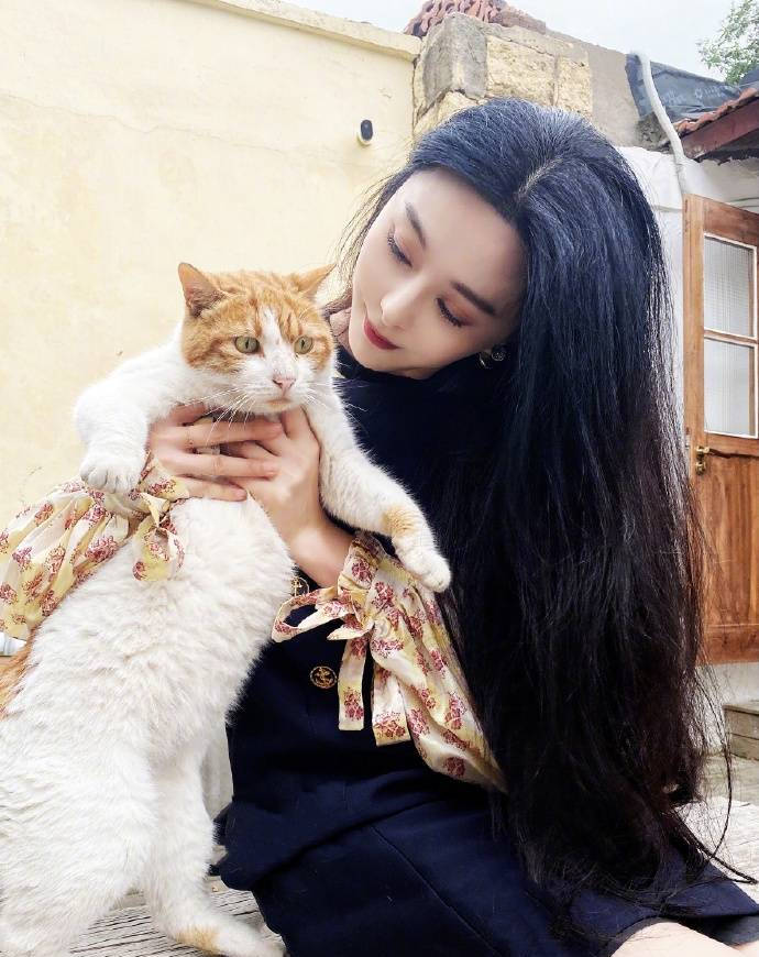 范冰冰晒自拍美照与猫猫合影 乌发及腰温婉大气