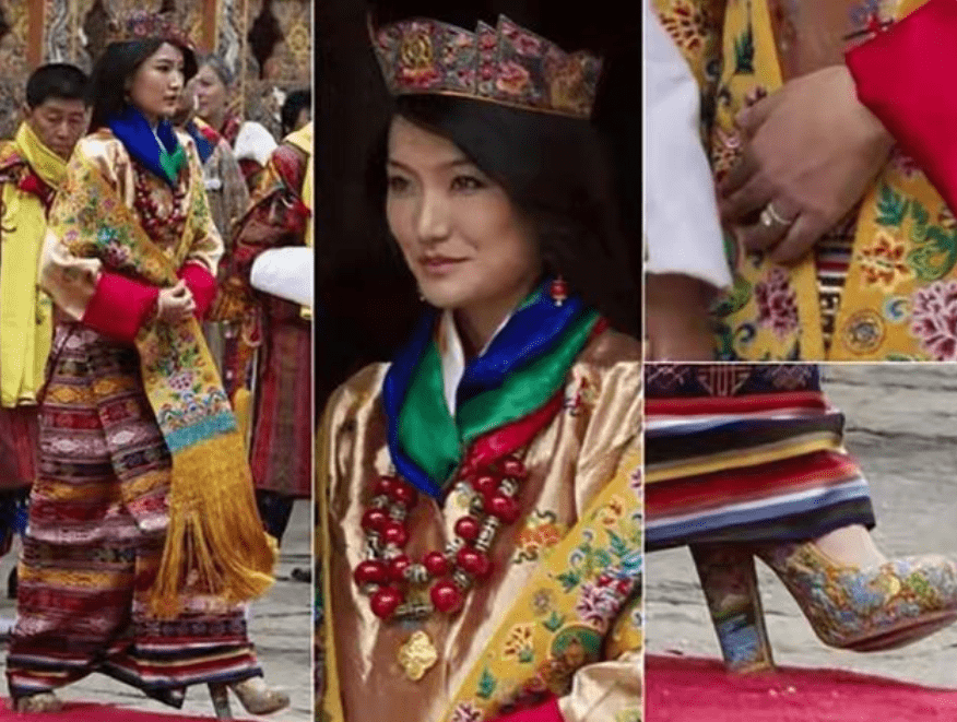 因为|不丹王后怀二胎变调皮,躲在国王身后藏着孕肚,偏要穿绣花高跟鞋