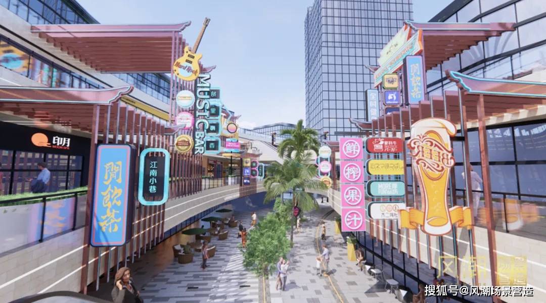 在退台建筑上,我们以廊架的形式做侧招,使得街区看起来更具有秩序感