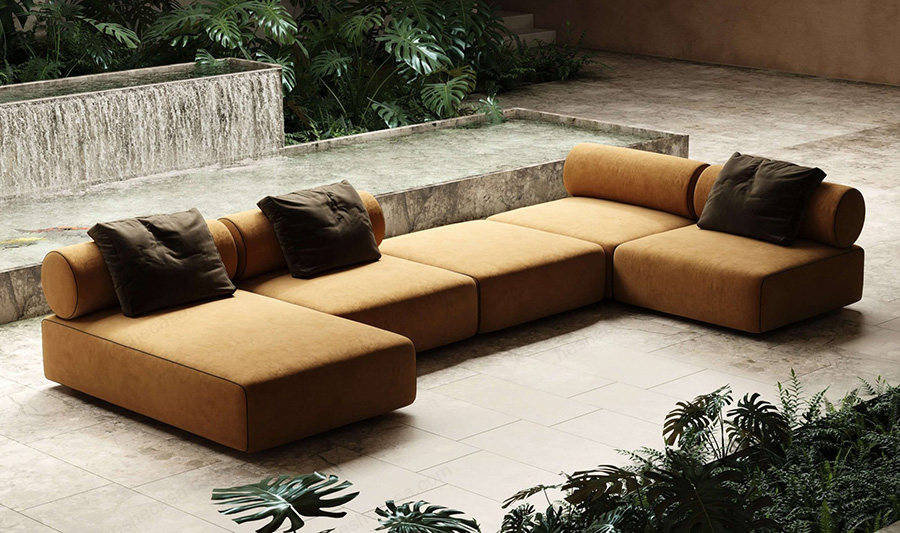 chloe沙发:柔和的曲线贯彻整体,底座是金色拉丝的不锈钢,面饰则可以