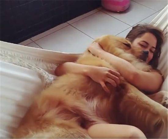 女子抱着金毛睡觉,实在太有爱了_狗狗