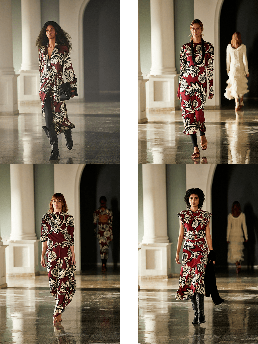 对比|Johanna Ortiz 2021秋冬系列，深色为底的浅色印花图案，让秋冬浪漫又实用美观