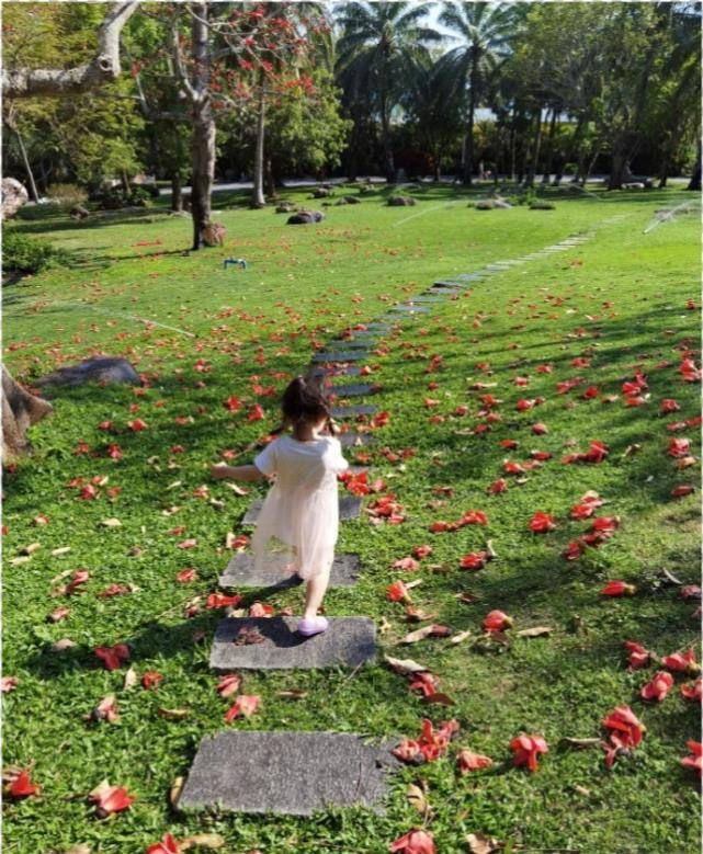 马尾|杜若溪携女儿春游,3岁肉肉多风格装扮漂亮养眼,近9斤婴儿长大了