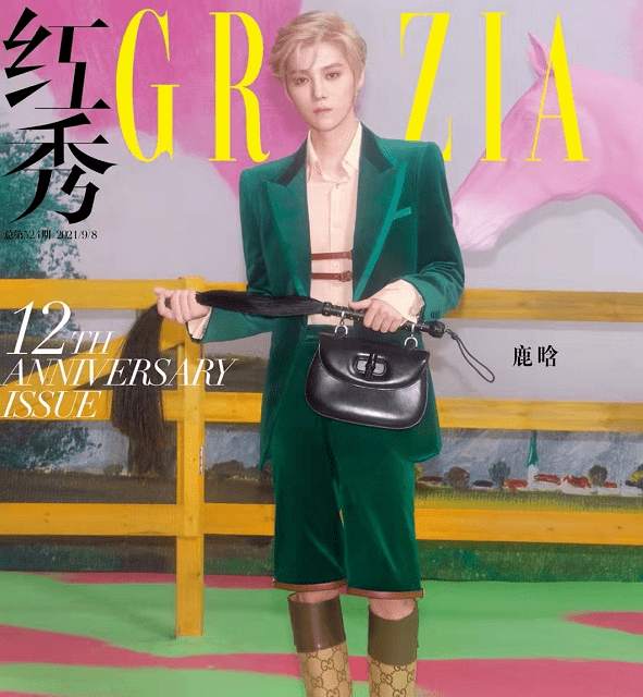 粉色|31岁鹿晗扮嫩无压力！穿粉西装染金发登周年刊享顶流待遇，超帅气