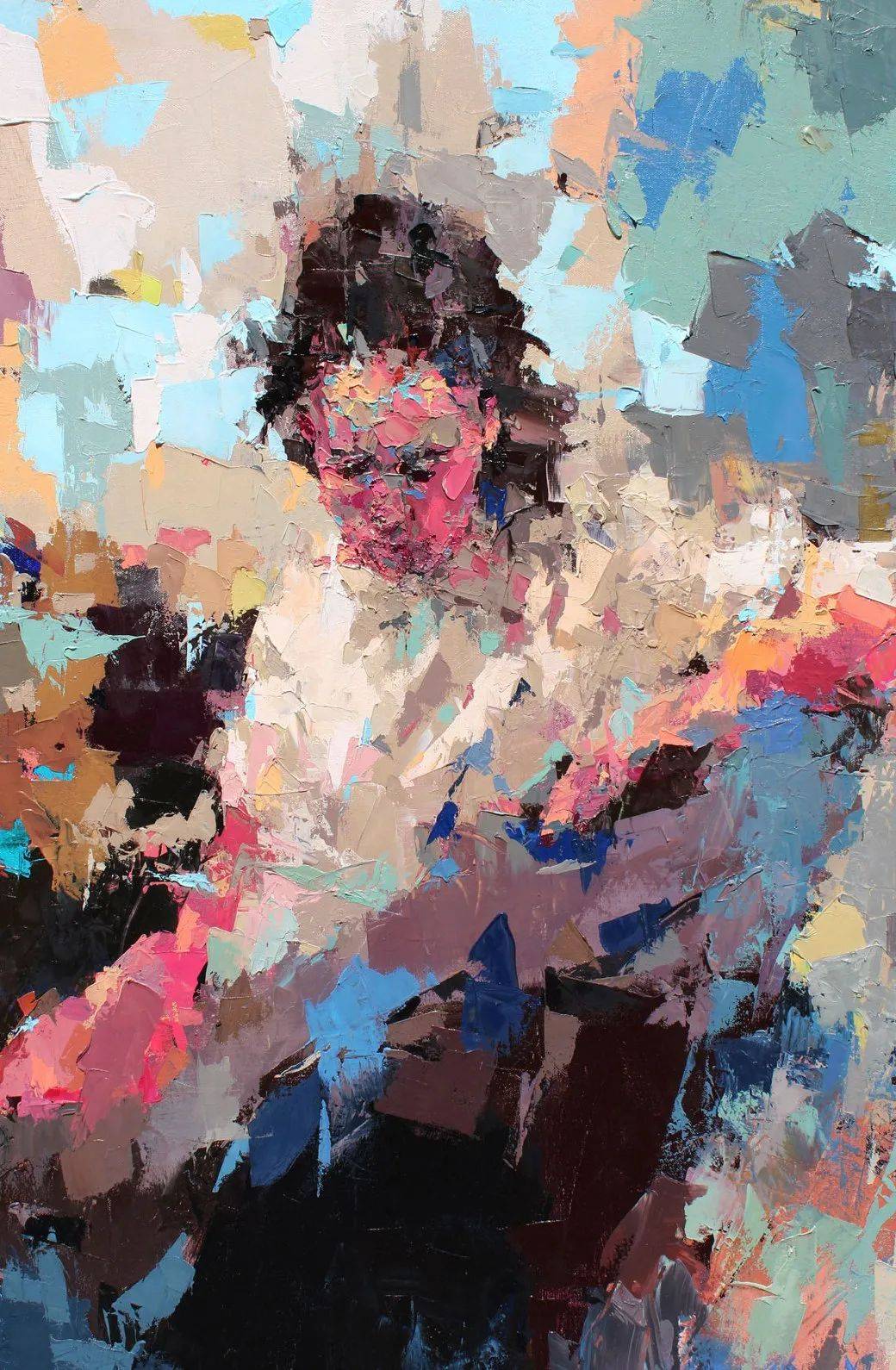 他将杂碎的色块厚重的纹理融于画中的人物