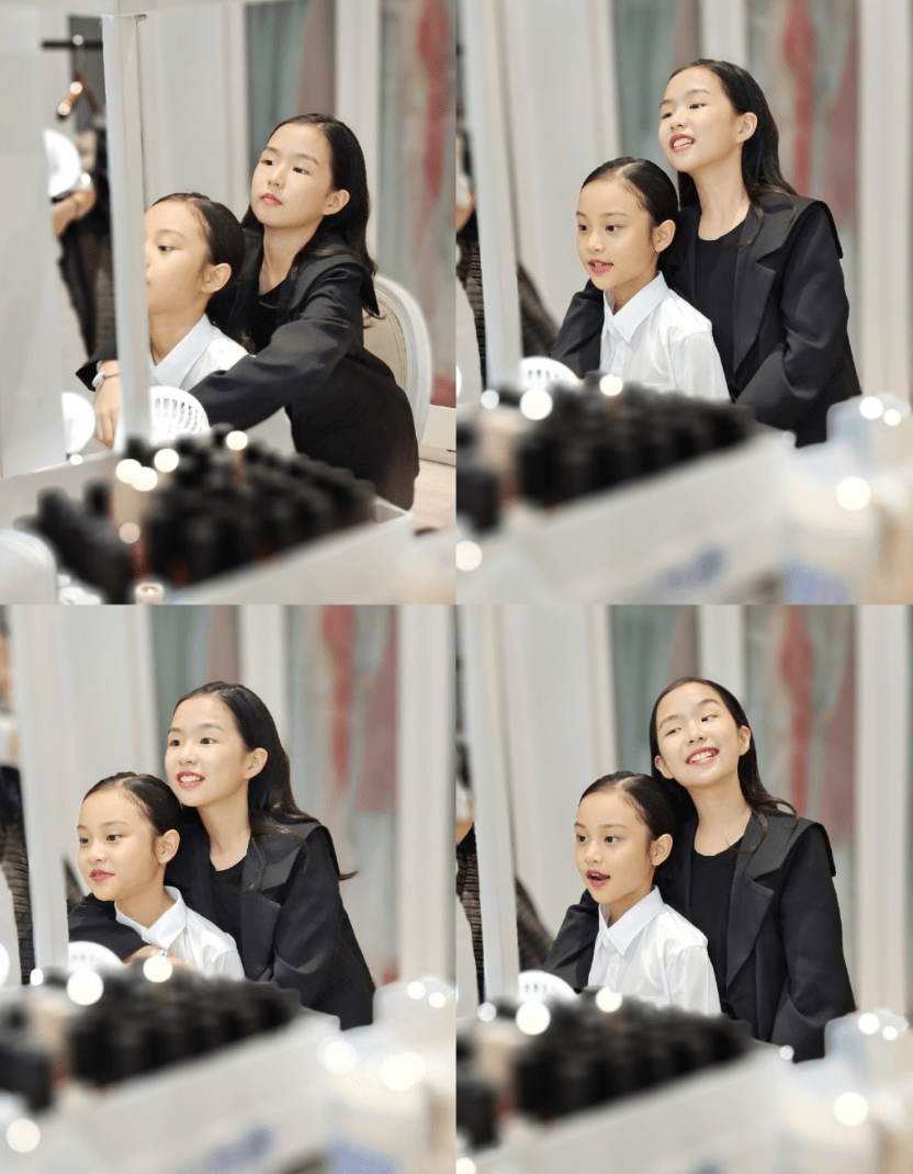 贾乃亮8岁甜馨和好友拍写真，贴头皮发型配皮衣又美又飒，镜头表现力强