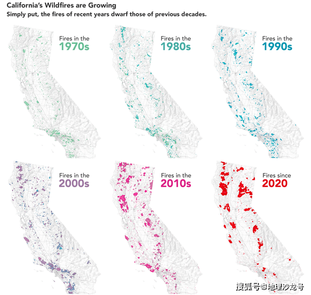 从1970年至2020年美国加利福尼亚州野火面积来看，呈持续增加趋势
