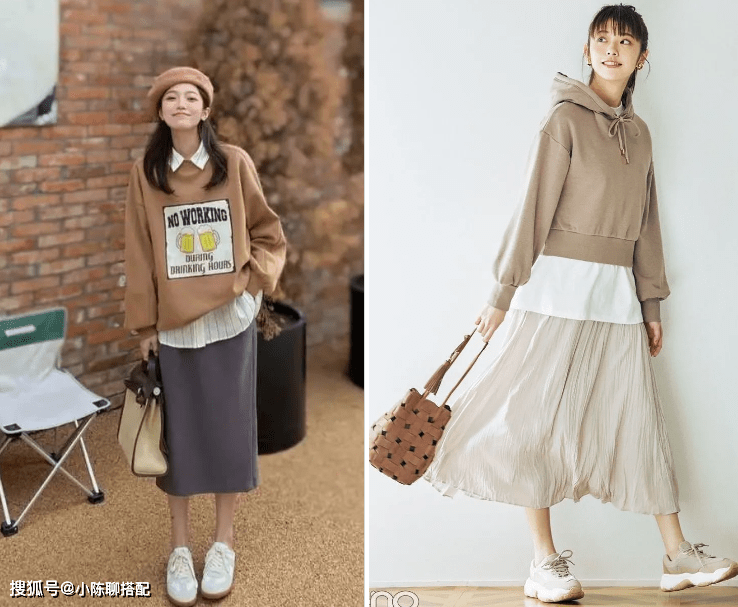 显得 50+女性穿卫衣别再搭小黑裤，卫衣+半身裙 ，中年女明星都上头