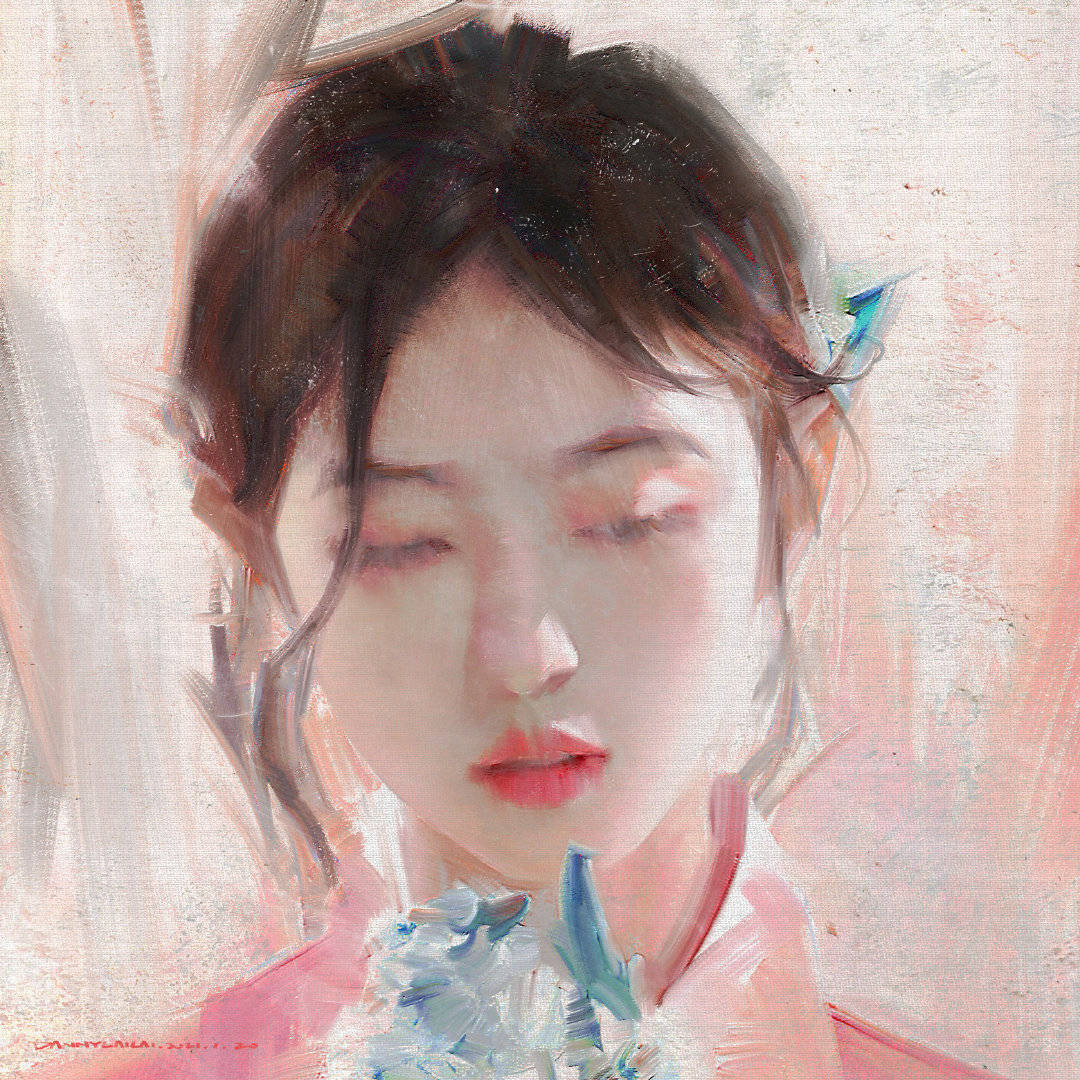 插画 高级油画质感插画作品，笔下的白衣少女太梦幻了