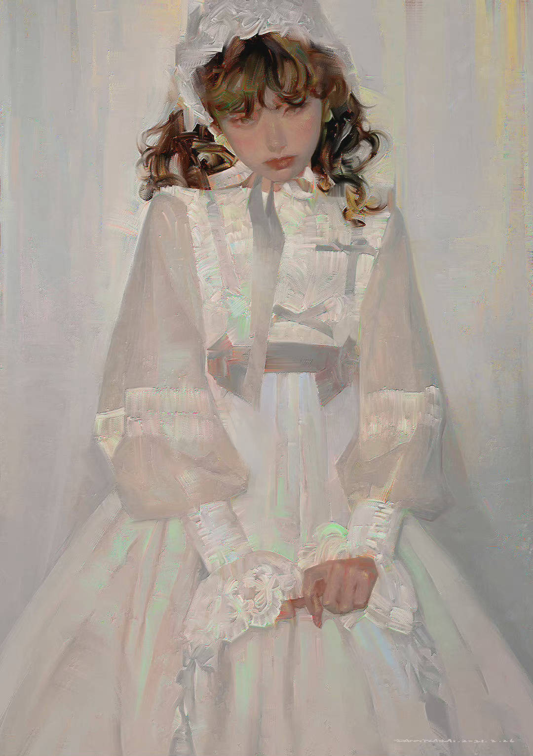 高级油画质感插画作品笔下的白衣少女太梦幻了