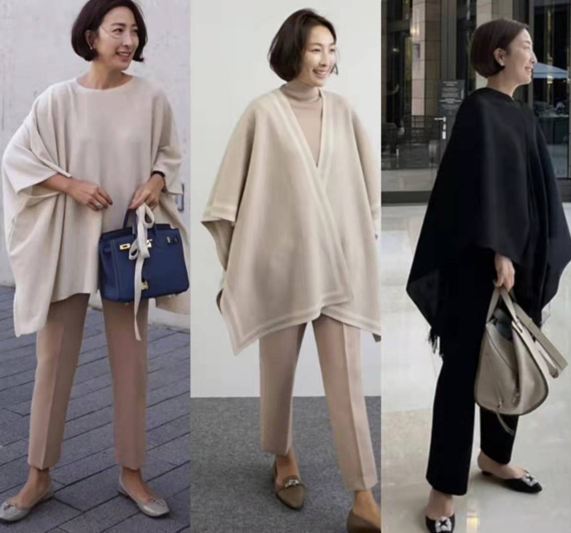 大衣 “斗篷式外套+平底鞋”，才是50岁冬季最佳搭配，舒适高级又气质