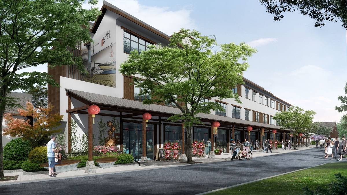 渔村商业街效果图二渔村商业街效果图一鸟瞰图项目位于湖州市安吉县