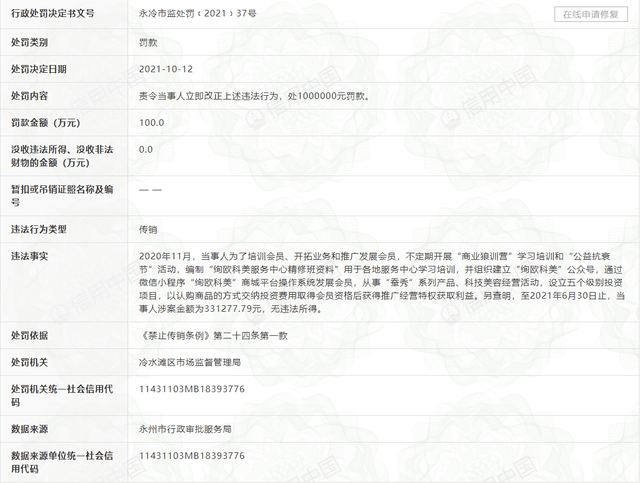 湖南绚欧生物科技有限公司因涉嫌传销被罚100万(图1)