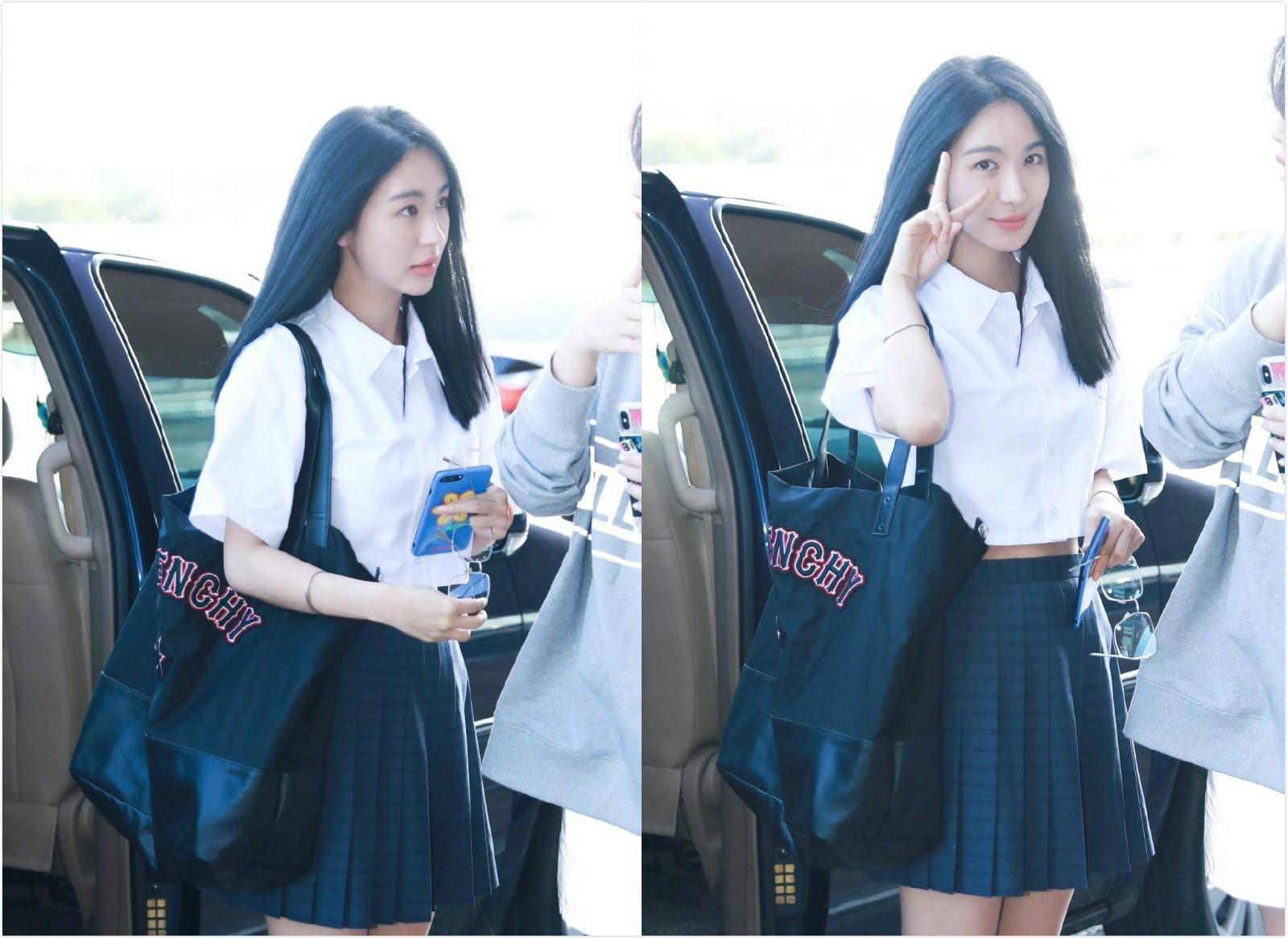 黑色 她是黄晓明前女友,穿衬衣百褶裙配小皮鞋,瞬间美成16岁高中生