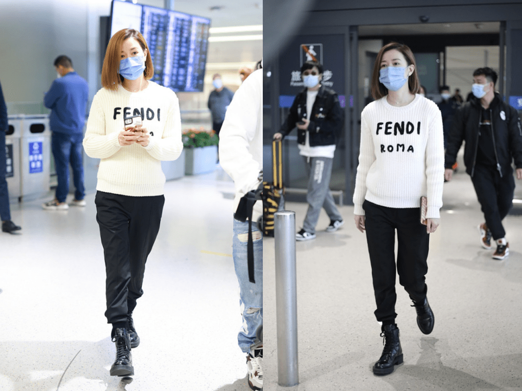 毛衣 佘诗曼也是“不老女神”了，46岁皮肤白皙脸上没皱纹，穿搭也年轻