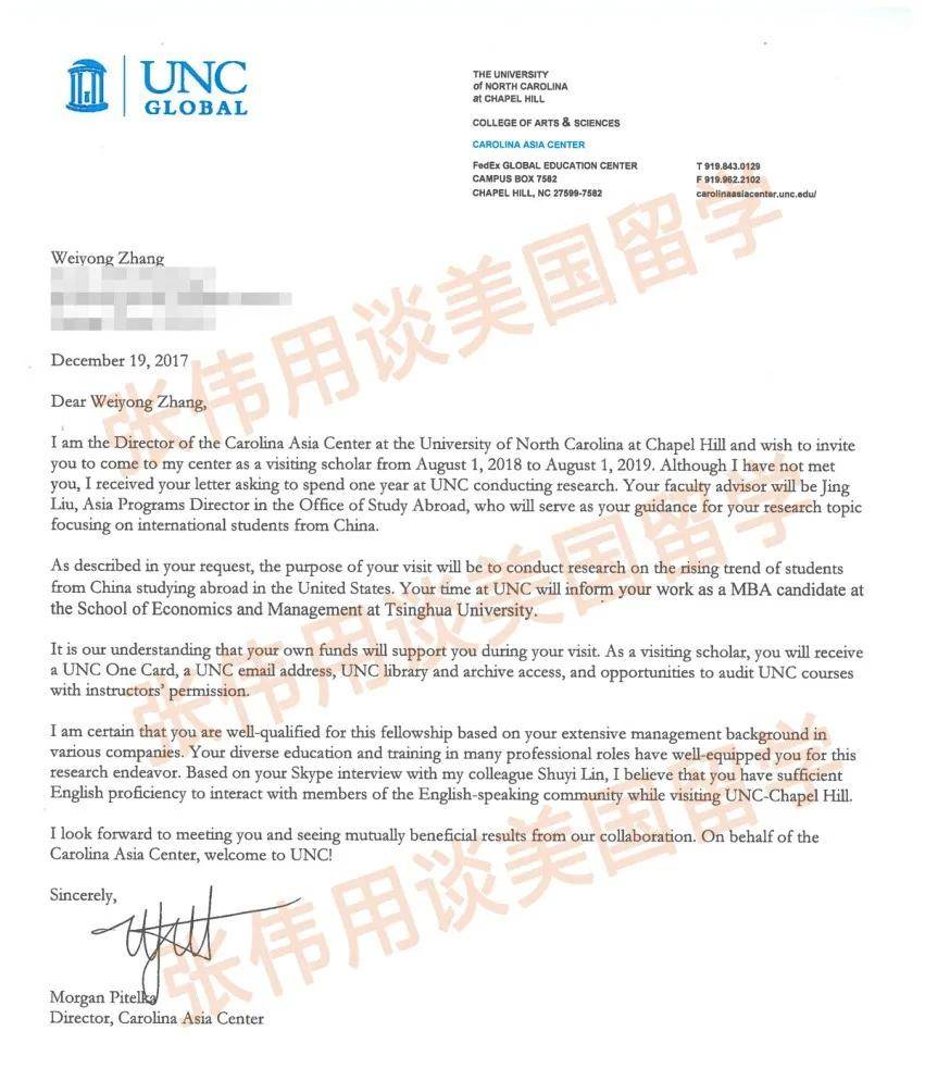 山分校（简称“unc”）的访问学者邀请函，和美国j1签证，从而携家访学。图｜unc发给张伟用老师交流