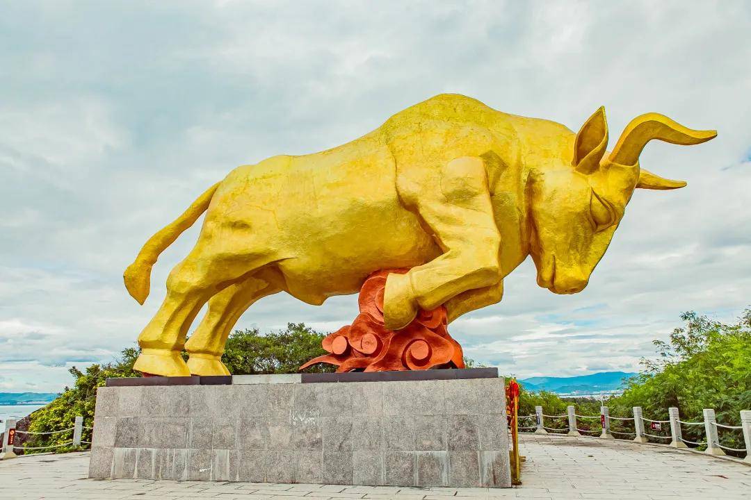 (金牛塑像)(牛王岛高处风光)如梦如幻的大道尽头,前方便是牛王岛,鬼斧