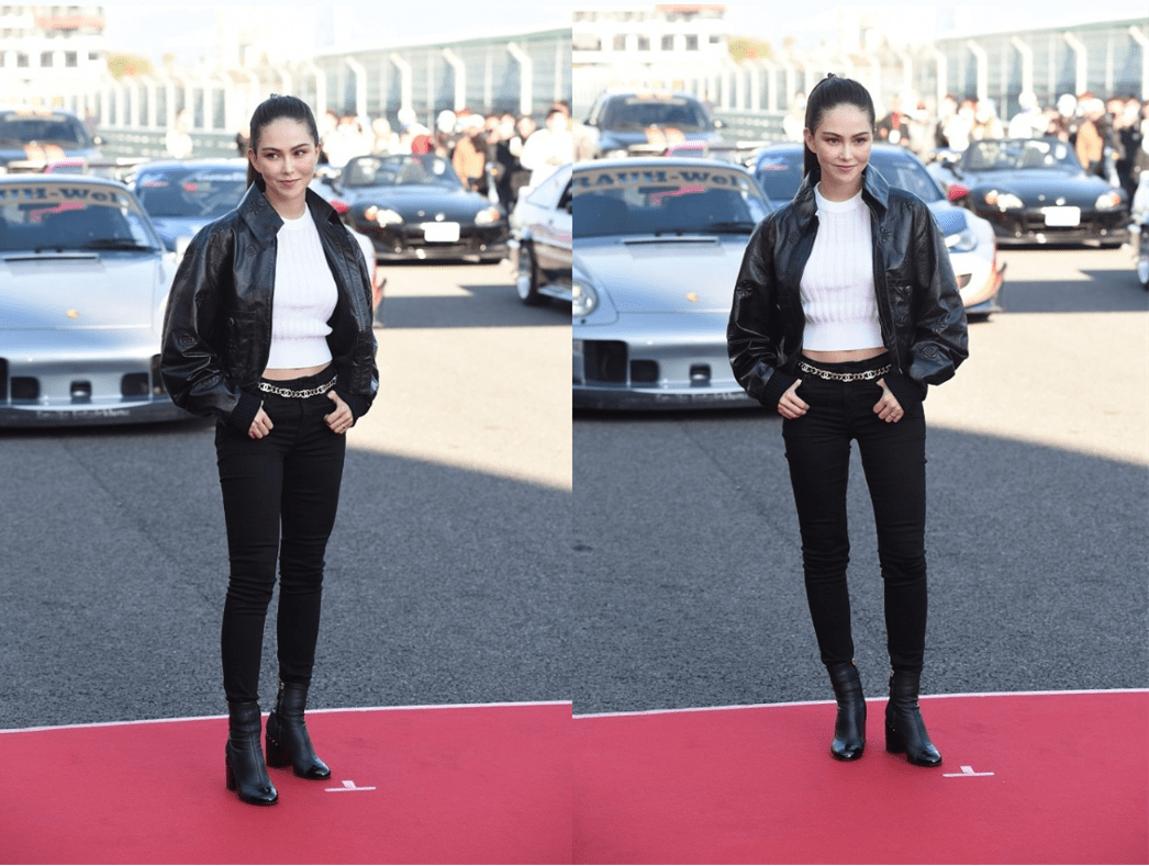 黑色 昆凌的一身穿搭挺显胖，夹克配半裙比例有点不协调，但却不怎么丑