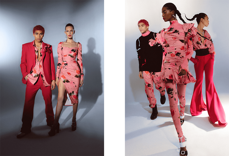 对比 Prabal Gurung 2021秋冬，纯色与波点等图案出现，还有开叉和鱼尾等细节