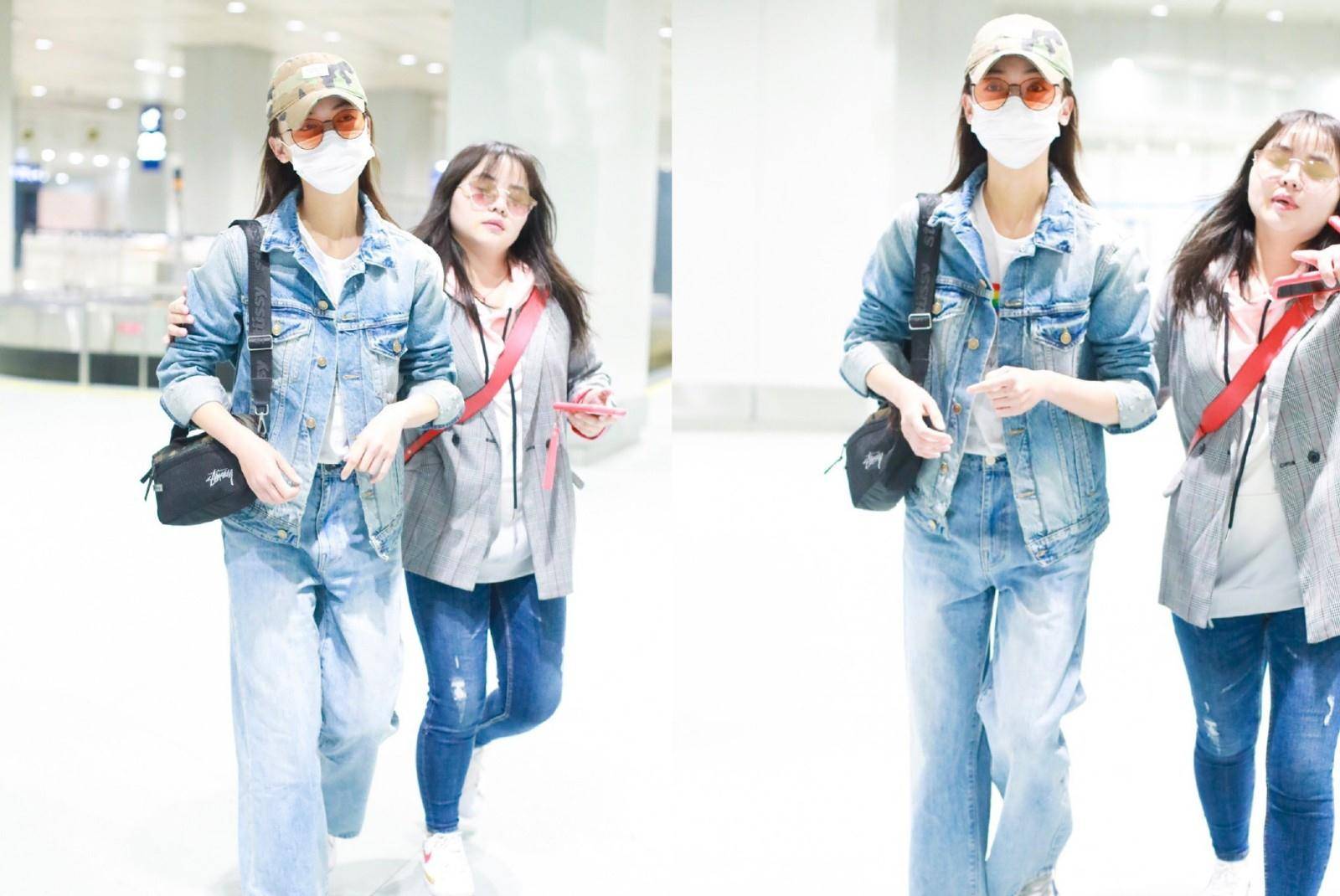 历史 吴谨言牛仔衫配直筒裤，内搭“彩虹衣”俏皮可爱，一点不像29岁