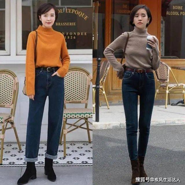 层次 紧身牛仔裤搭配靴子，简单又富有层次的穿搭，冬季搭配也不难