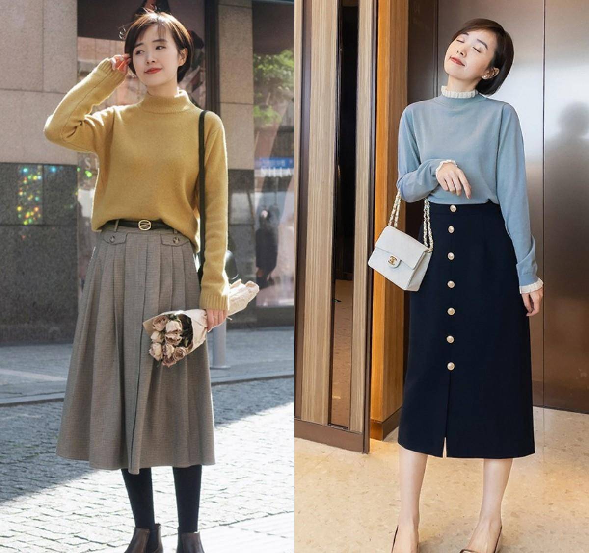 西装 立春，穿“半身裙”很有女人味，但要选对款式、搭对上衣才更优雅