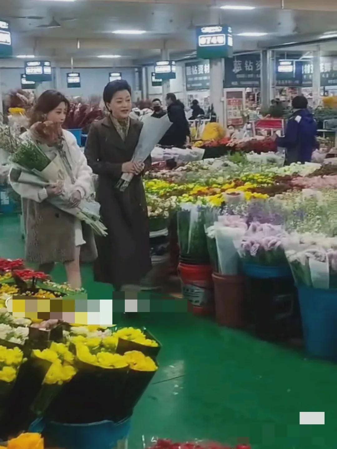 鲜花杨澜逛鲜花市场被拍，脸干瘪老态真实，但穿长大衣气质高贵优雅！