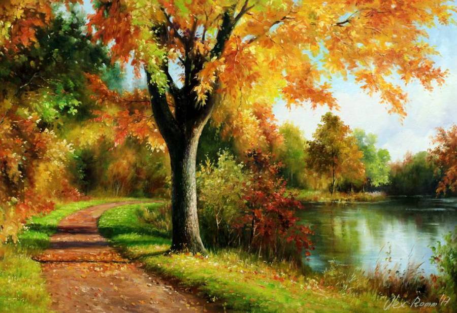 俄罗斯画家aleksandraromma的秋天油画风景
