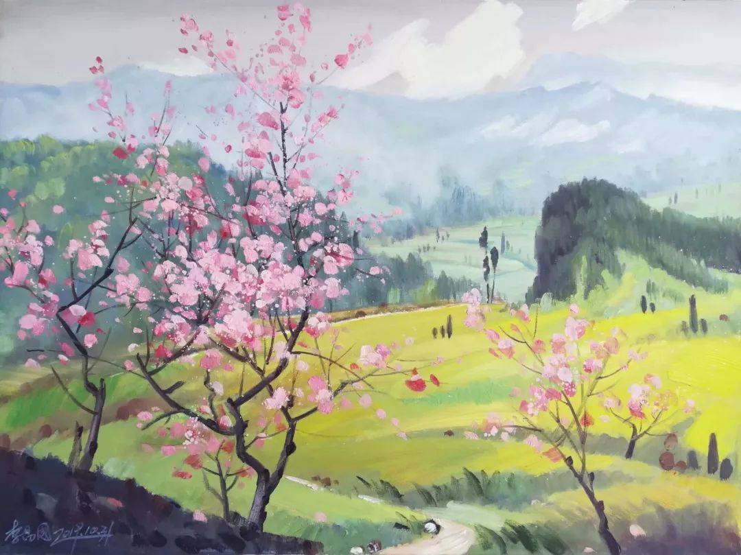 油画2019小镇新貌 油画2017雾锁红岭寺 油画2019桃花依然红 油画2019