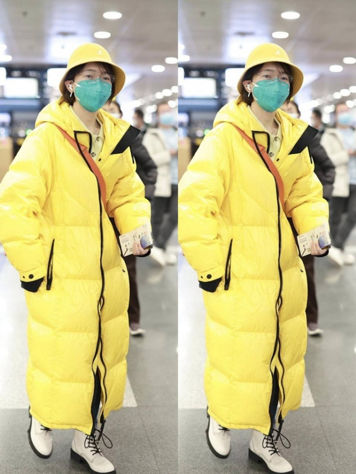 焦俊艳也穿得太可爱了黄色羽绒服配小黄帽素颜出镜依旧嫩得很