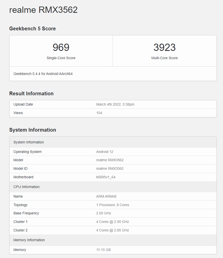 成绩|realme GT Neo3跑分现身：搭载天玑8100芯 多核与骁龙8相当