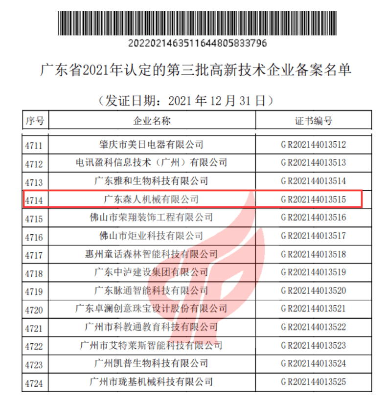 实力盖章！森人机械再次荣获高新技术企业