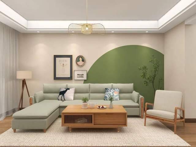 客厅客厅的背景墙做了卡其色和春日辰光的拼色设计,搭配浅豆绿色沙发