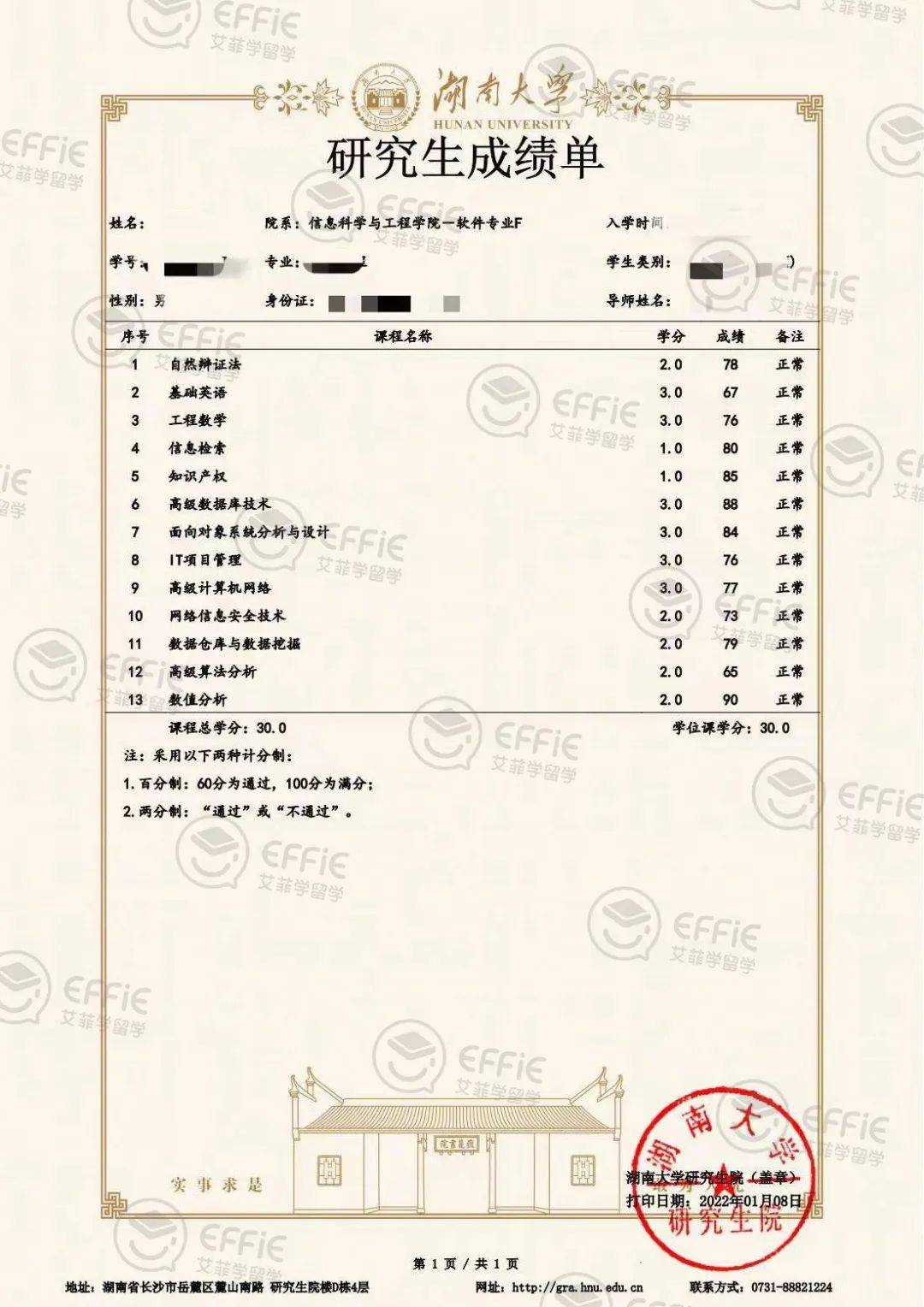 成绩单范例注意:打印好的成绩单需要教务处盖章,或人才中心盖章!