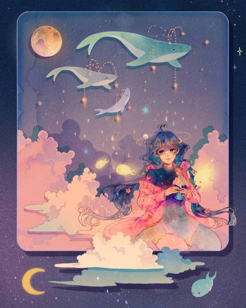 星辰下的幻想人物插画梦幻般的场景与配色所到之处皆风景