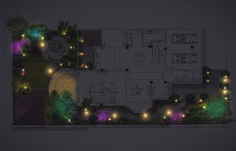 别墅庭院彩色花园照明方案1平面图节点说明:别墅庭院彩色花园照明方案