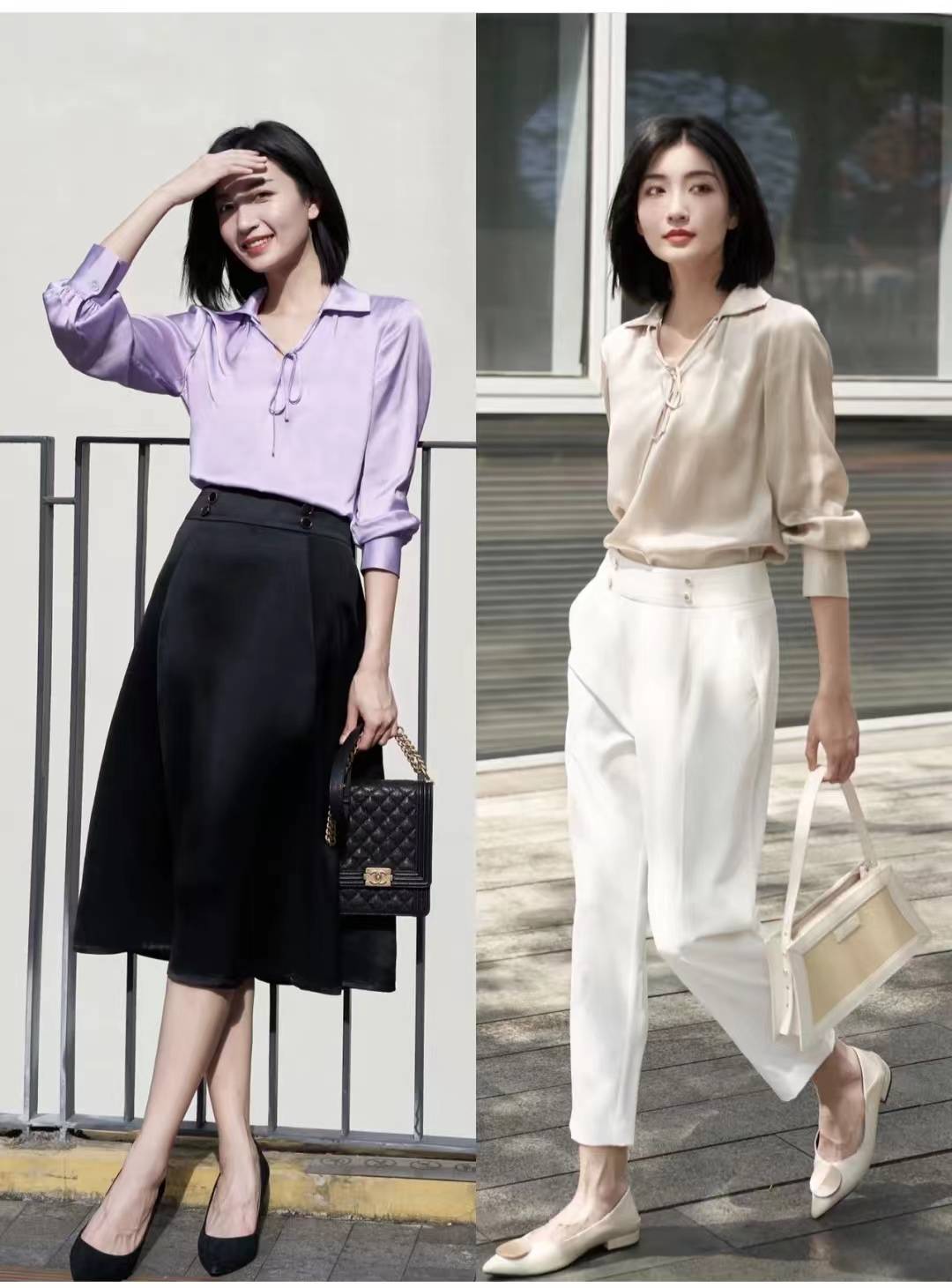 look2 香槟色/丁香紫真丝衬衫 黑色半身裙/白色裤子节后上班穿这套