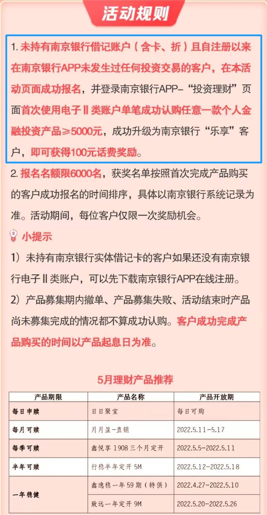 产品≥5000元，即可升级成为南京银行“乐享”客户，可获得100元话费奖励。看到了吧，只需单笔500