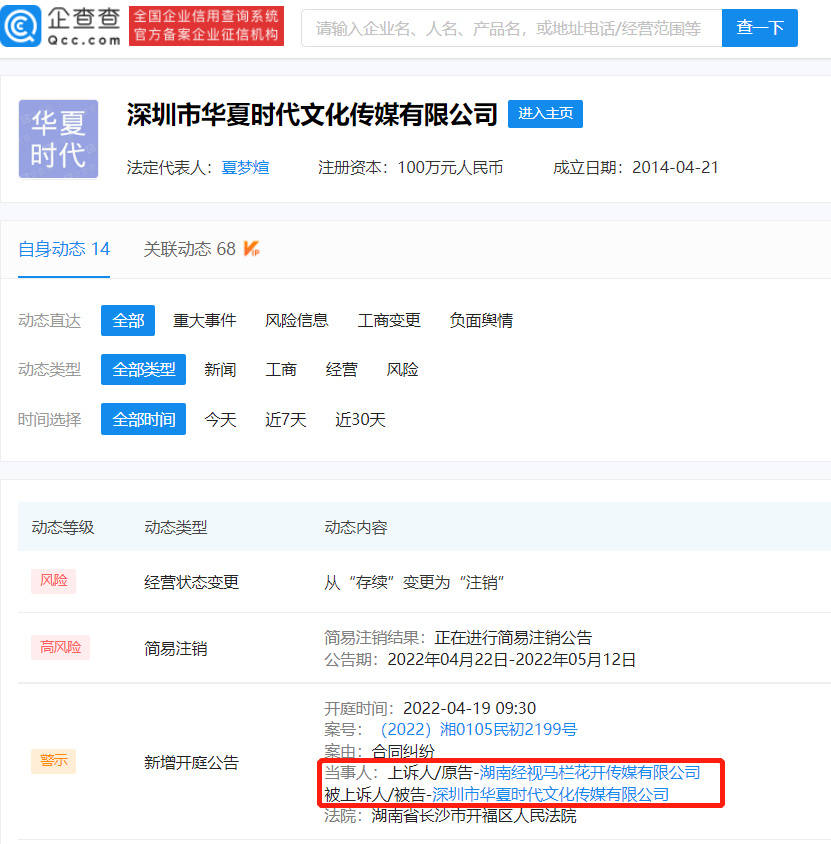 湖南台起诉钱枫持股公司华夏时代传媒 案由为合同纠纷