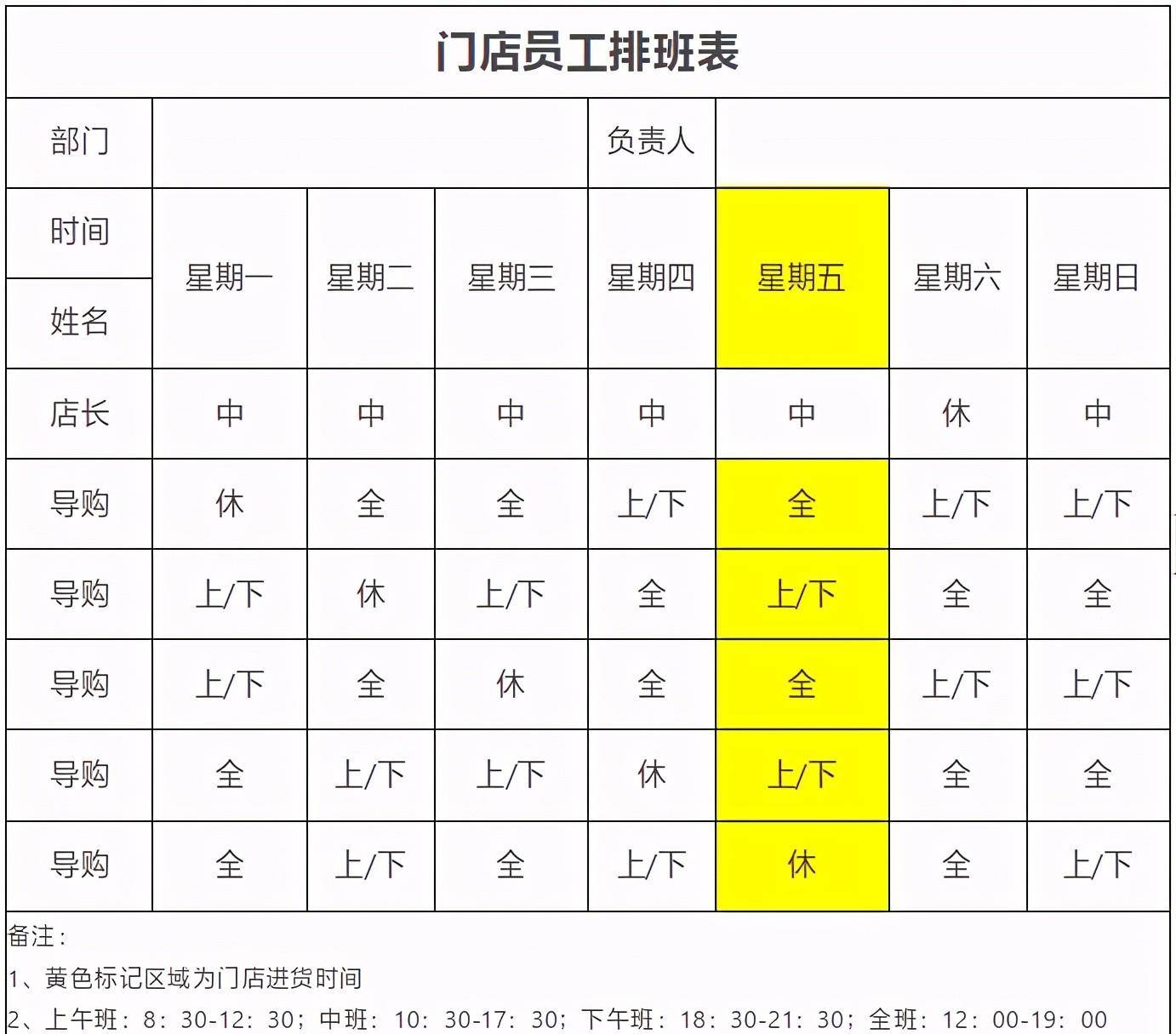 销售排班表模板图片